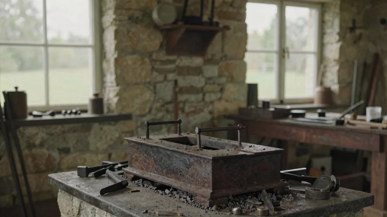 Close documentary detail of a weathered iron forge hearth and too