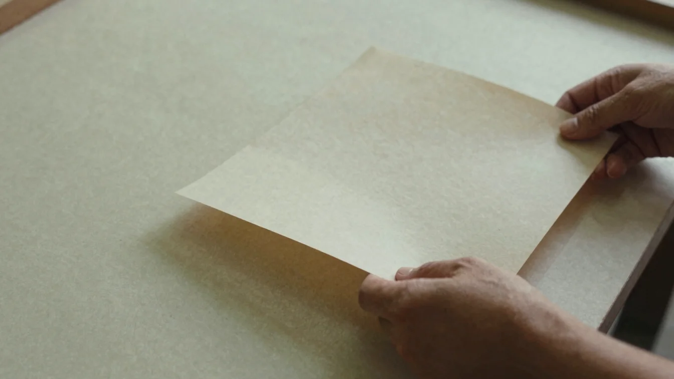 Close detail of hands lifting a sheet of handmade paper from a mo