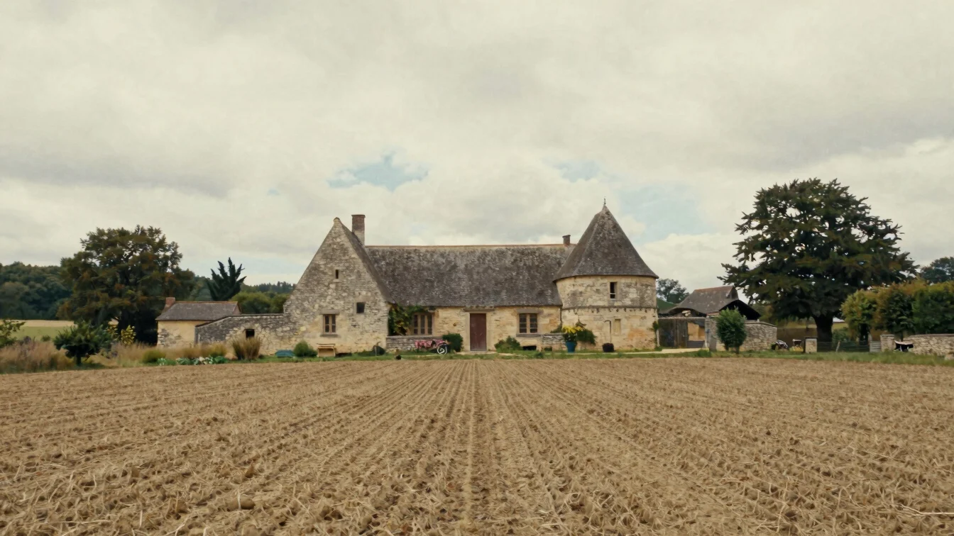 Documentary view of a stone farmstead with a cultivated field in