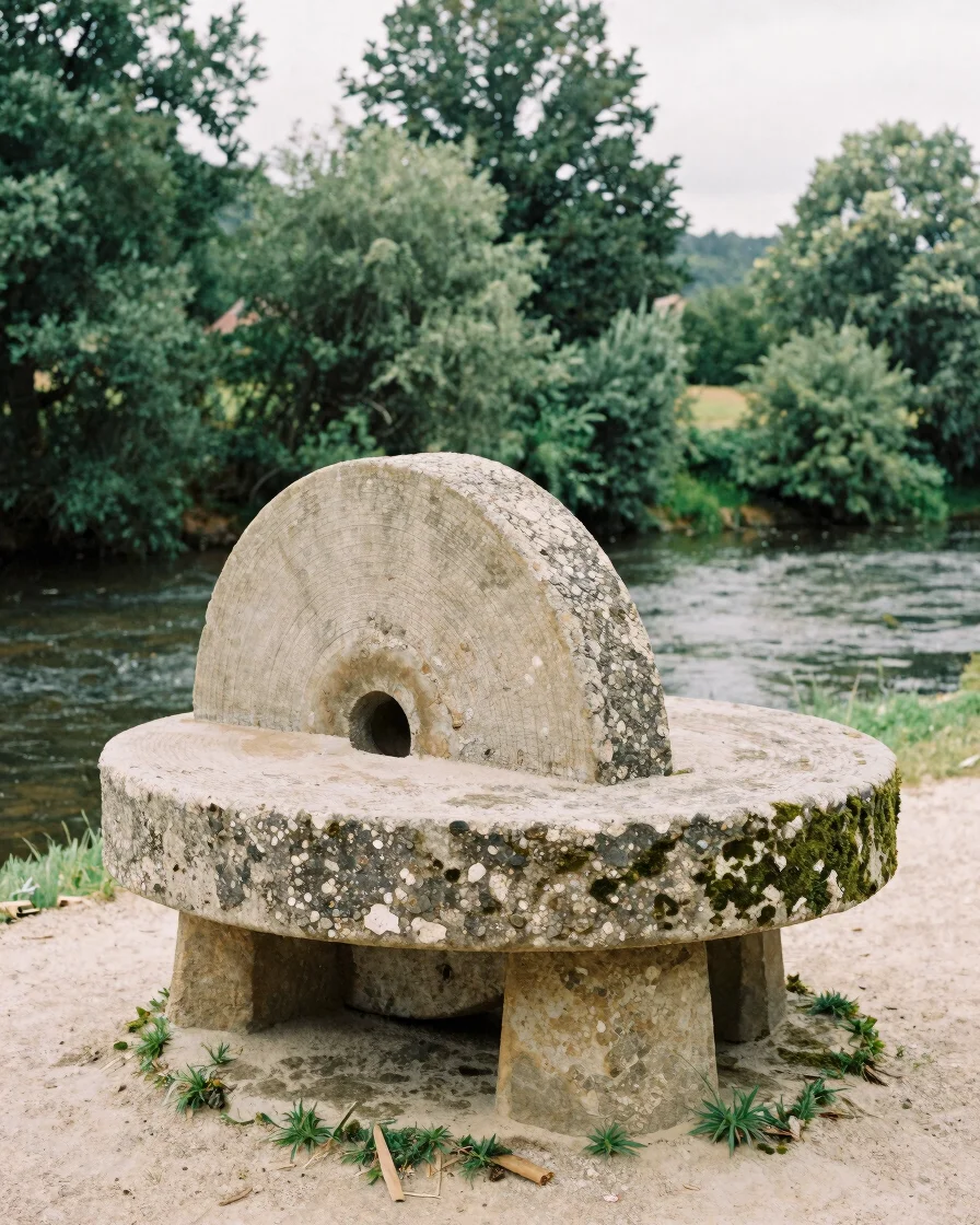 Close documentary photograph of a weathered stone millstone beside a moss-covered riverbank in the Périgord, soft overca