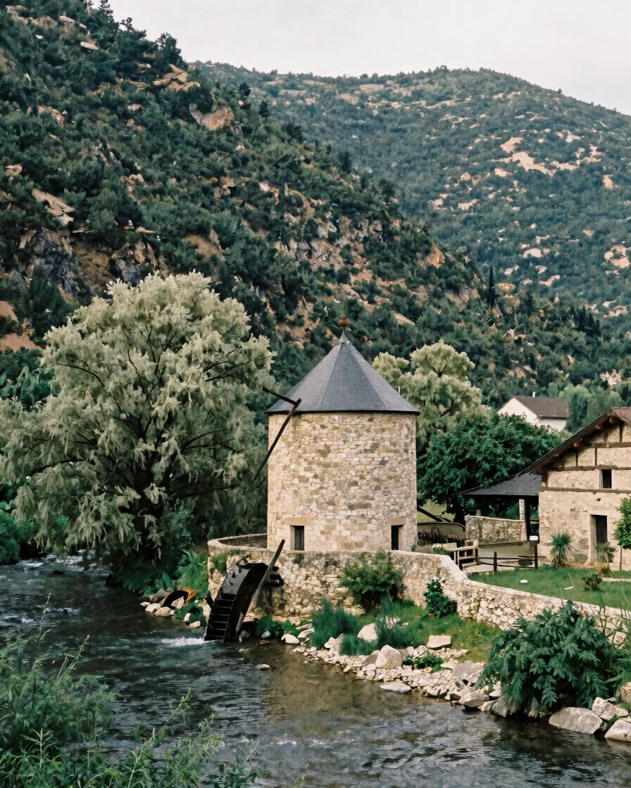 Wide documentary view of the Auvézère valley at soft morning ligh